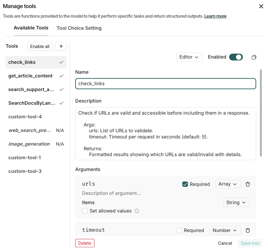Manage tools with a list of available tools, Enabled switch, and edit functionality.