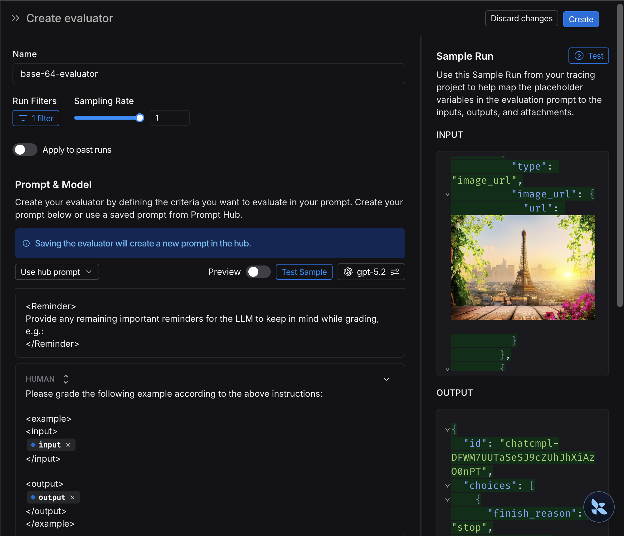 Edit evaluator modal with an image attachment selected for the input.