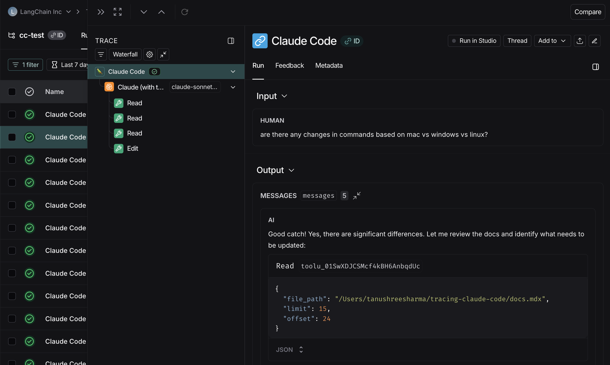 LangSmith UI showing trace from Claude Code.
