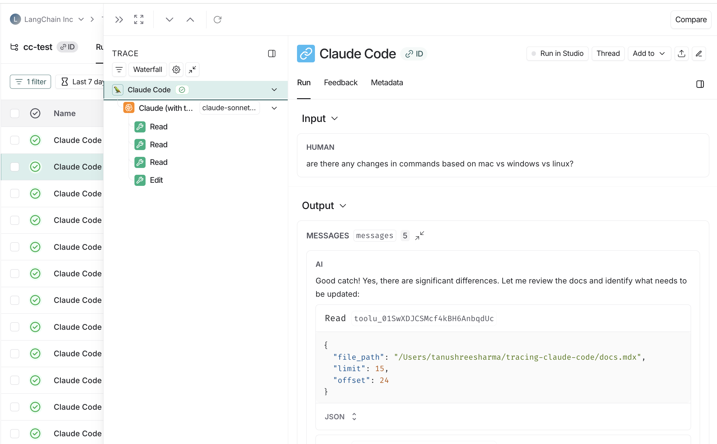 LangSmith UI showing trace from Claude Code.