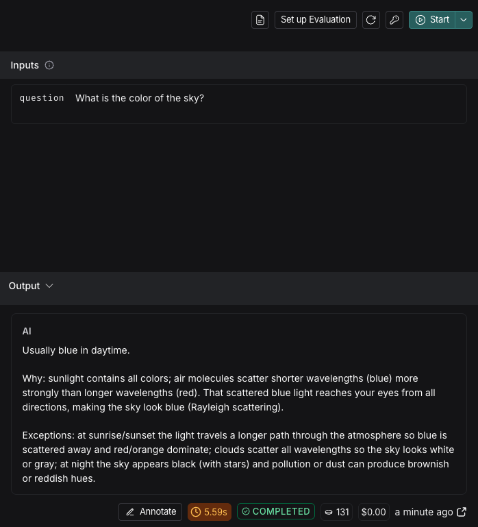 The input box with a question entered. The output box contains the response to the prompt.