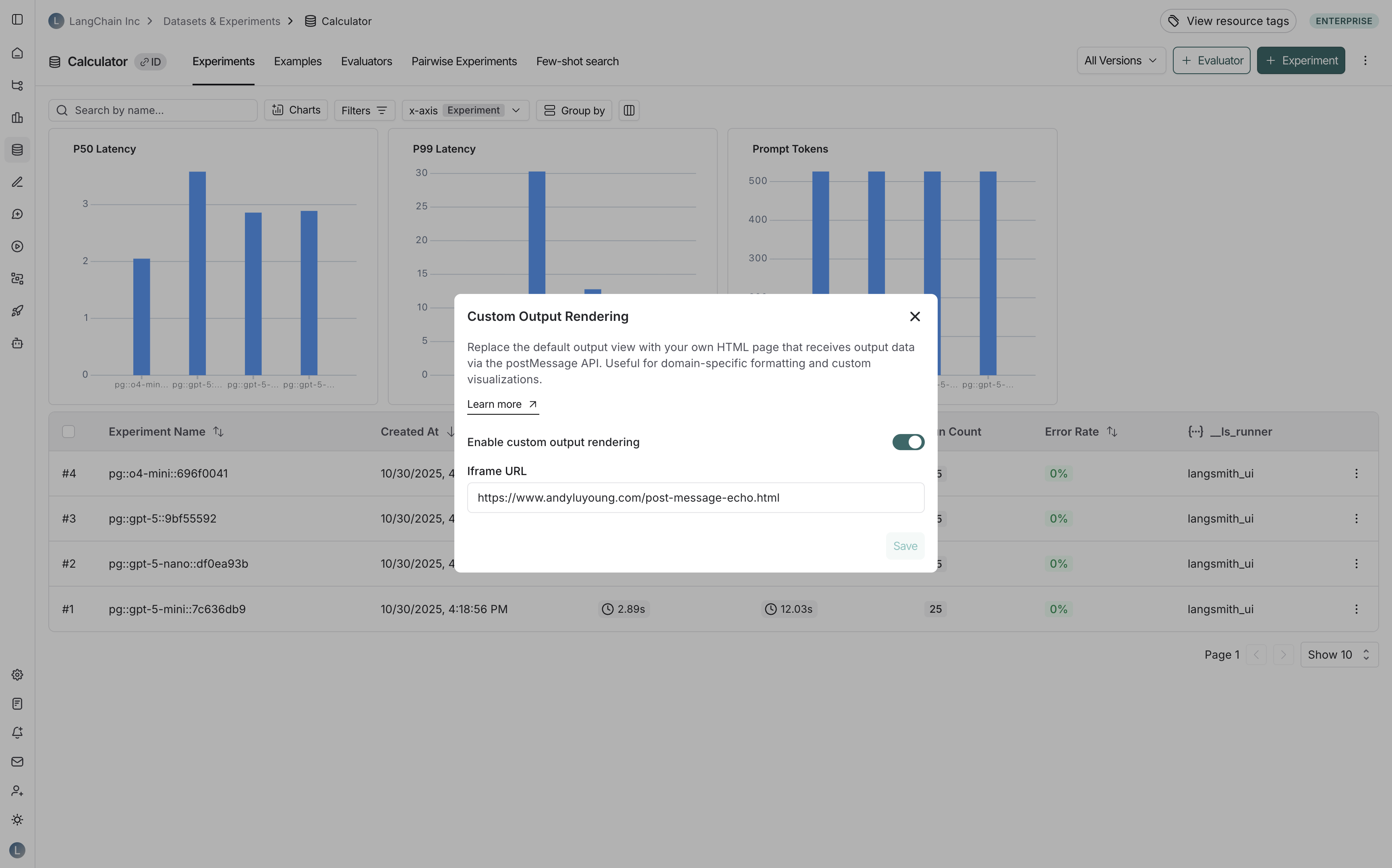 Custom Output Rendering modal with fields filled in