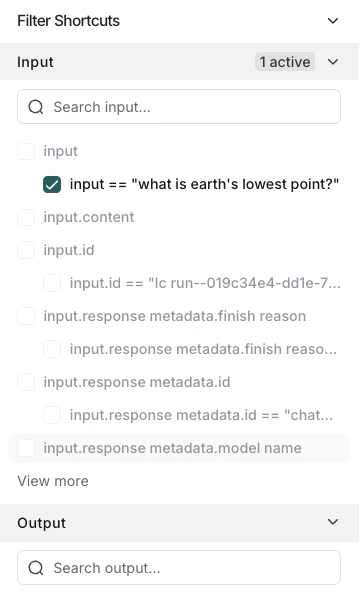 LangSmith filter shortcuts panel showing quick access to common key-value pair filters