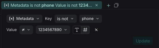 LangSmith filter showing negative filtering with 'is not' operator for both key and value