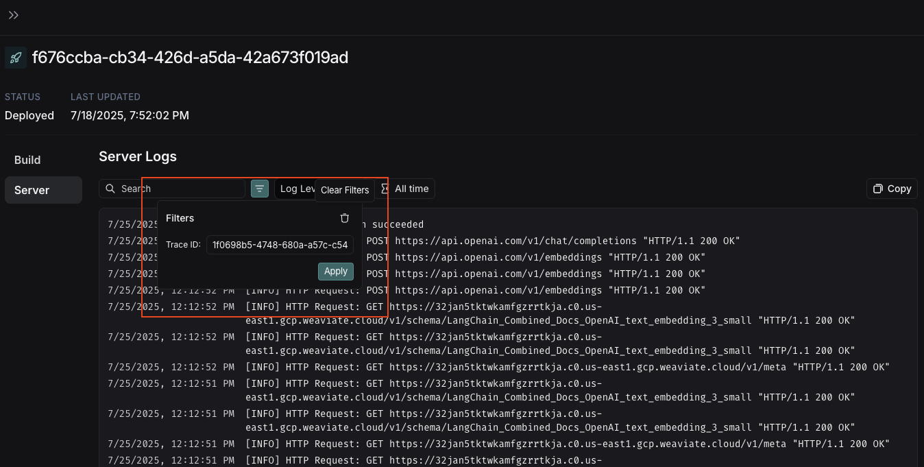 Deployment server logs filters