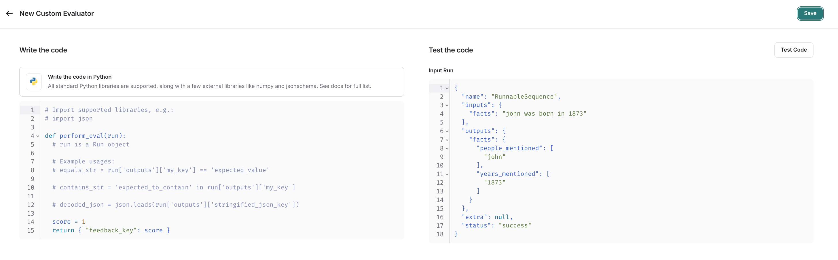Code evaluator panel in LangSmith showing the inline code editor