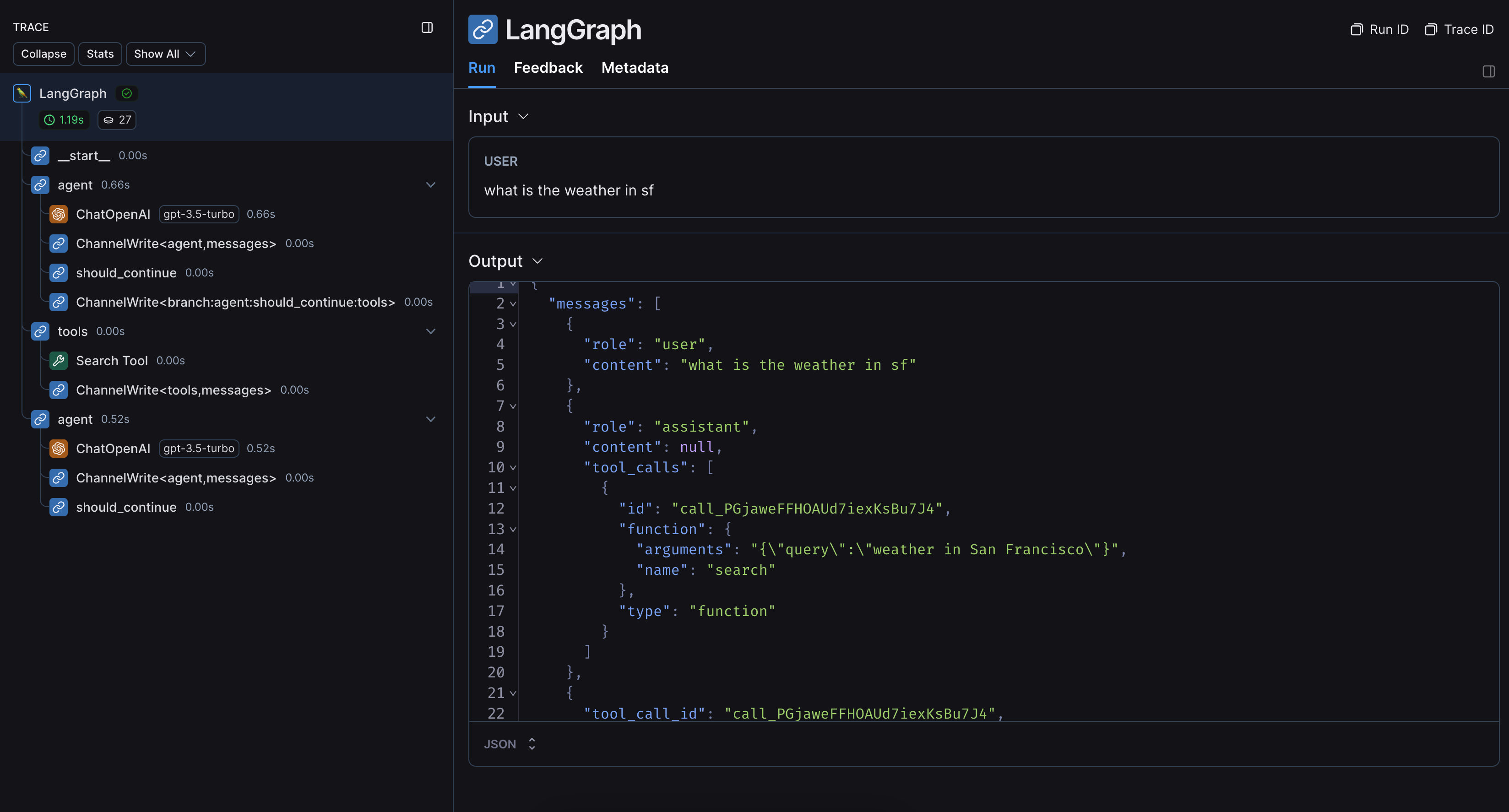 Trace tree for a LangGraph run without LangChain