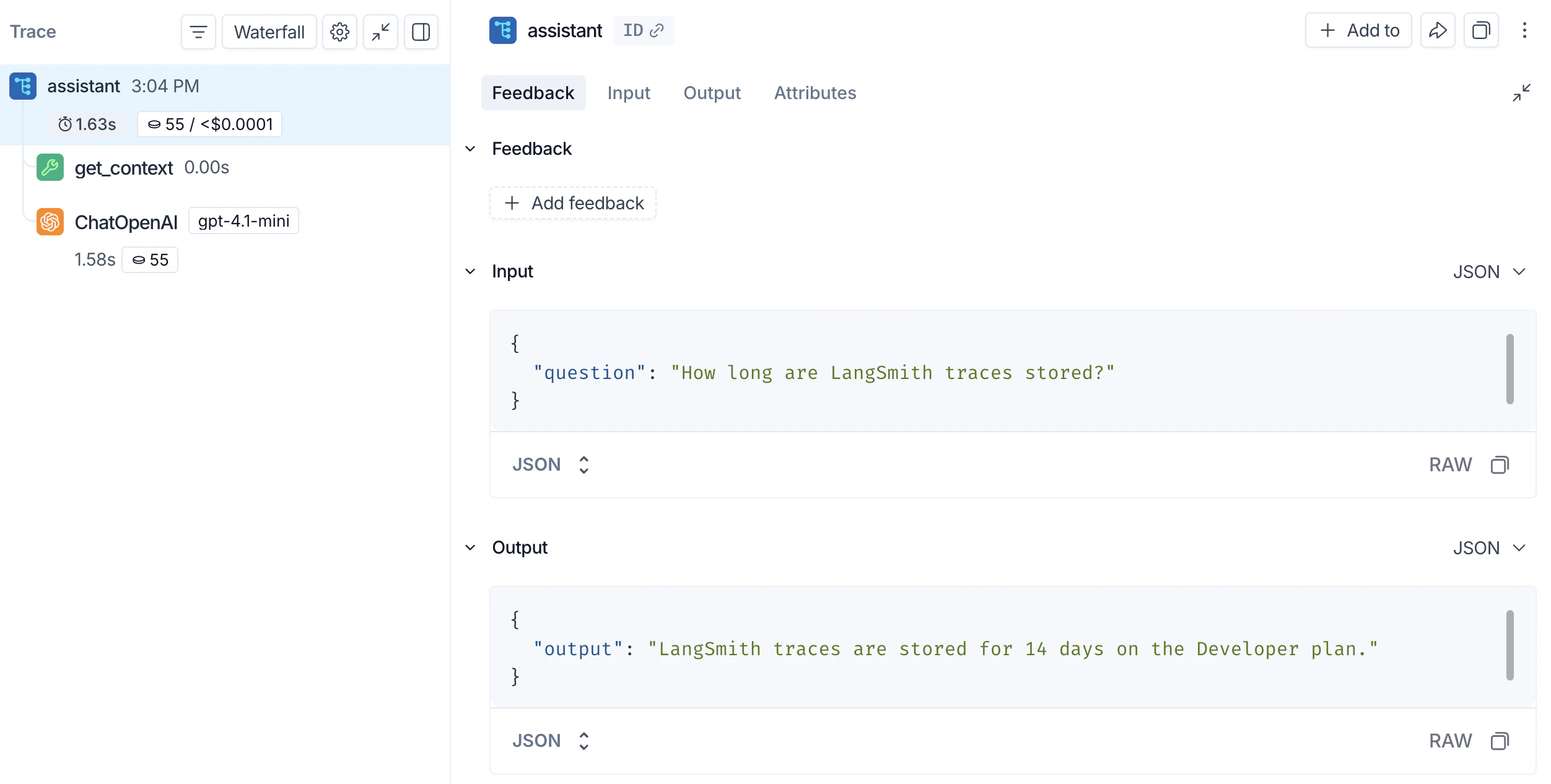 LangSmith UI showing a trace with an outer application span and a nested LLM call span.