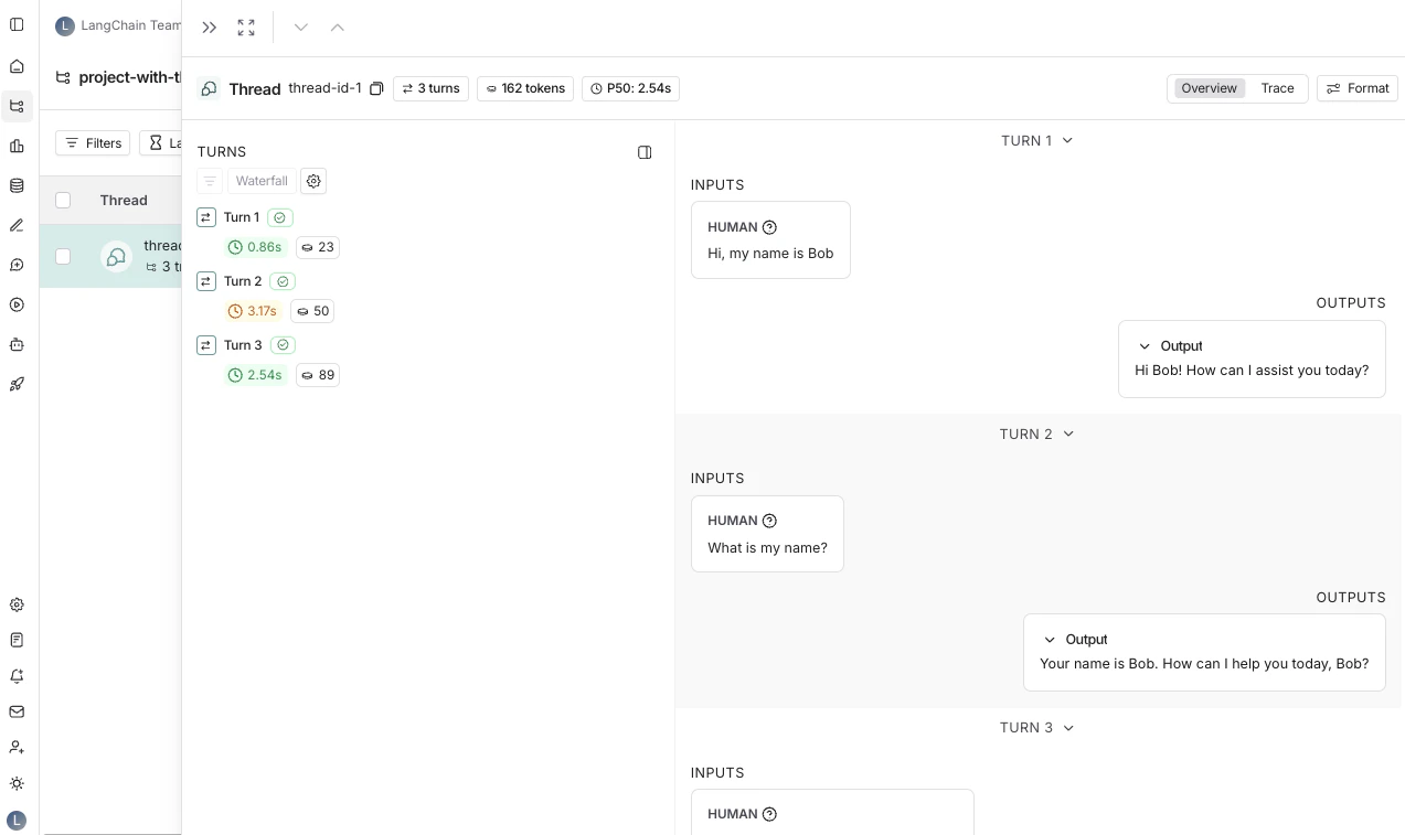 LangSmith UI showing the threads table.