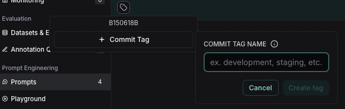 The tag, the commit tag box with the commit label, and the commit tag name box to create the tag.