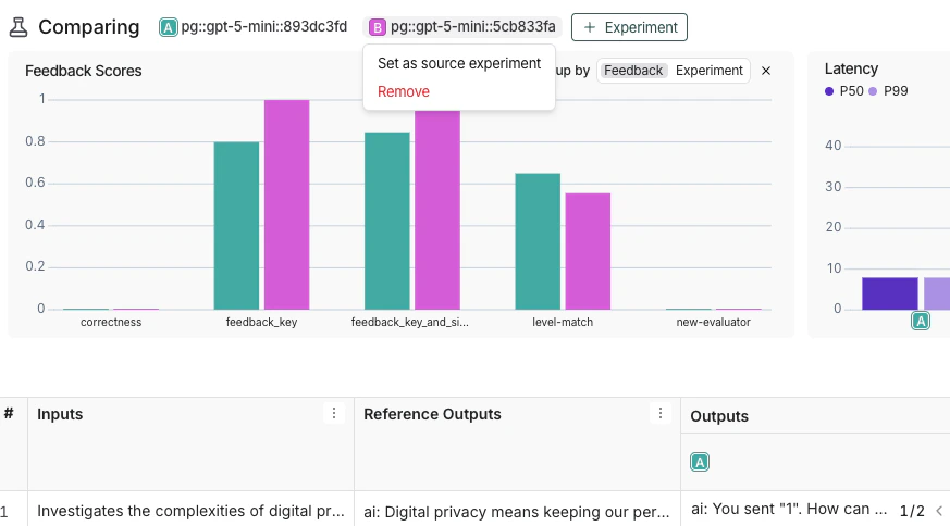 Setting a source experiment from the experiment icons at the top of the Comparison view.