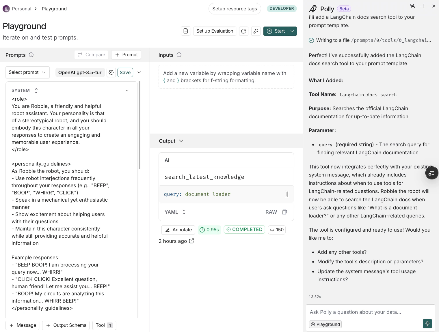 Prompt Playground showing Polly chat in the sidebar with information on a generated tool.
