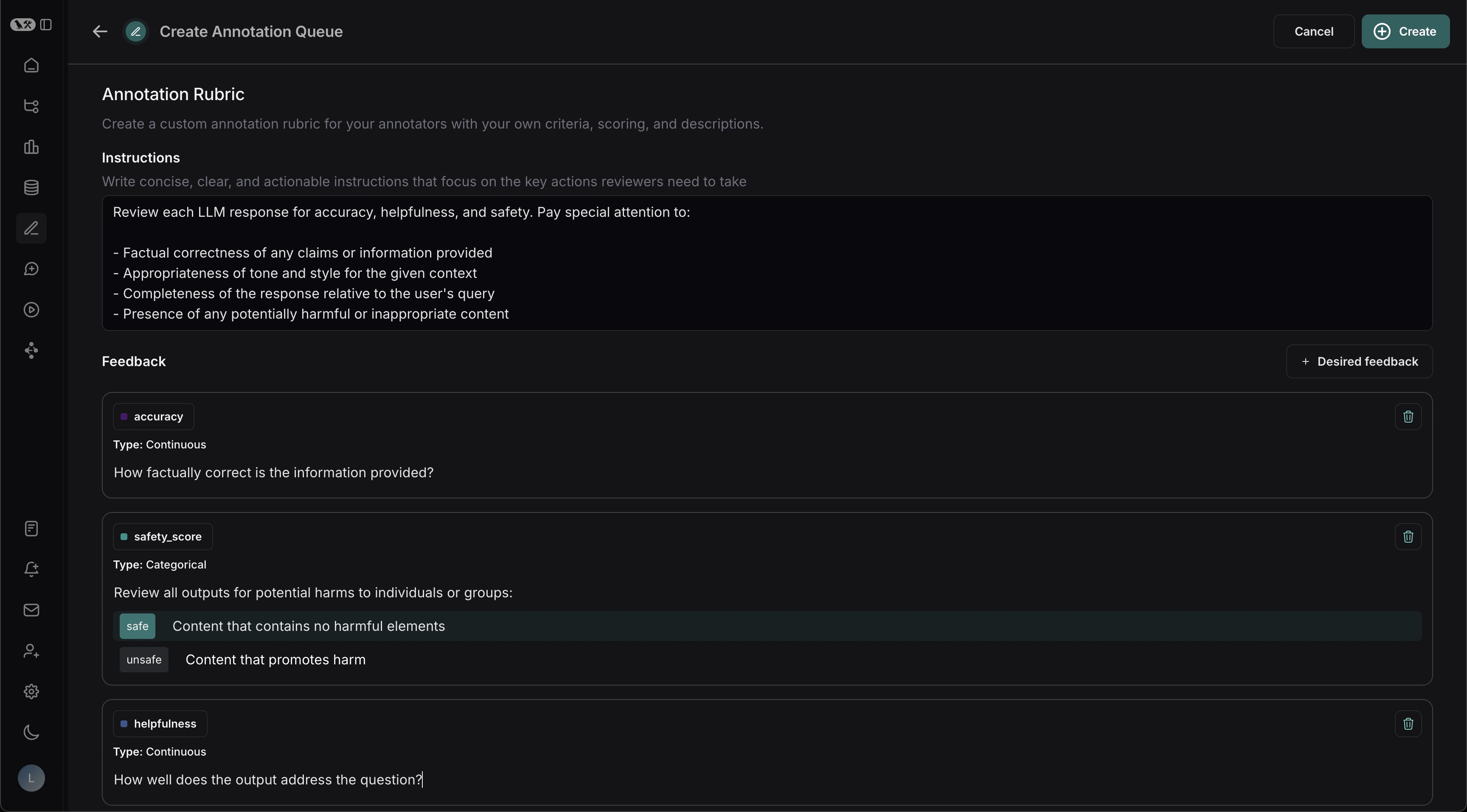 Annotation queue rubric form with instructions and desired feedback entered.