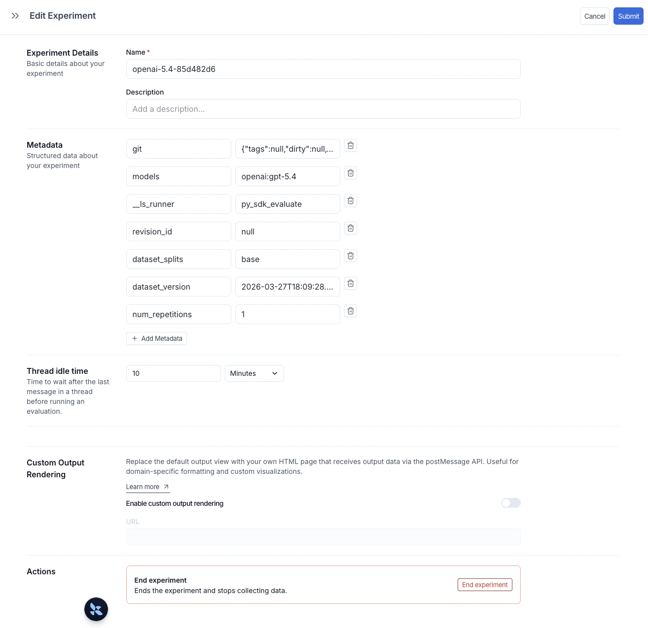 Edit Experiment panel showing metadata key-value pairs and the Add Metadata button.