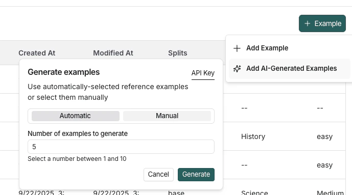 The AI-Generated Examples configuration window. Selections for manual and automatic and number of examples to generate.