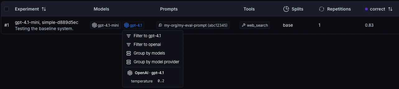 The Experiments tab view with metadata columns for models, prompts, and tools.