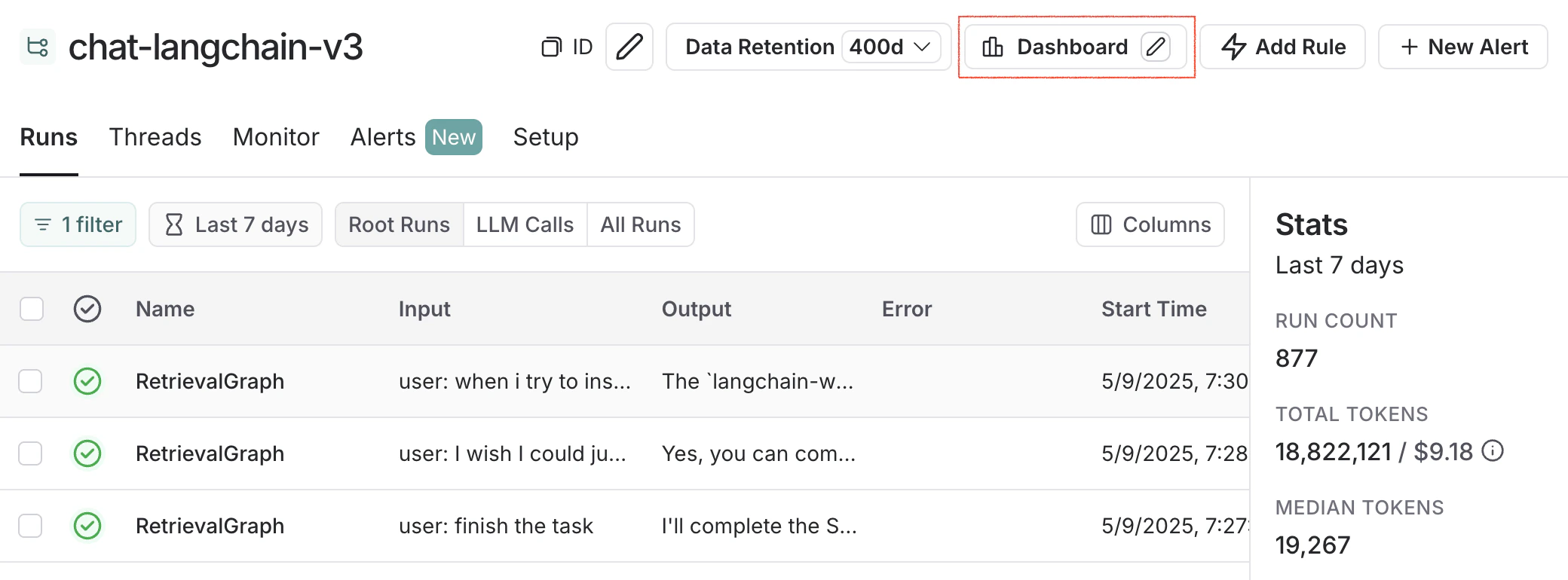 Tracing project to dashboard