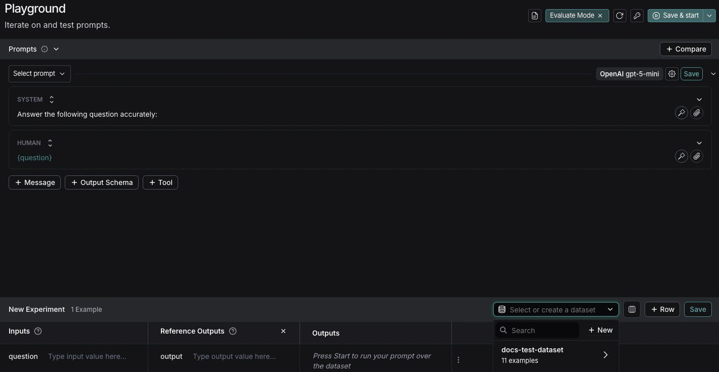 Playground with the edited system prompt and new experiment with the dropdown for creating a new dataset.