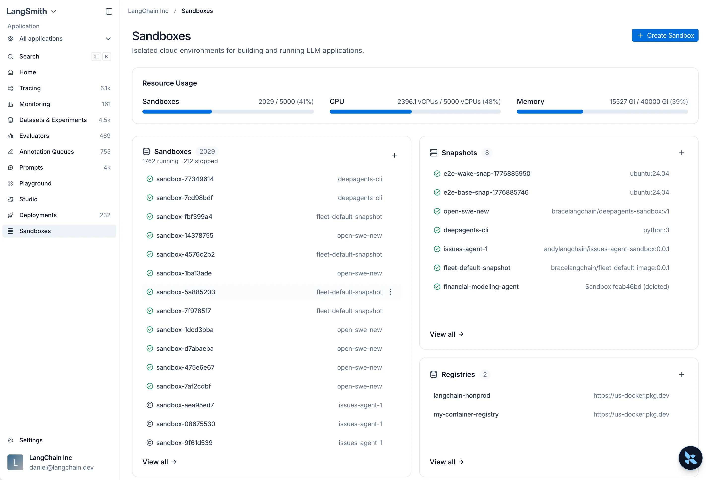 Sandboxes overview page