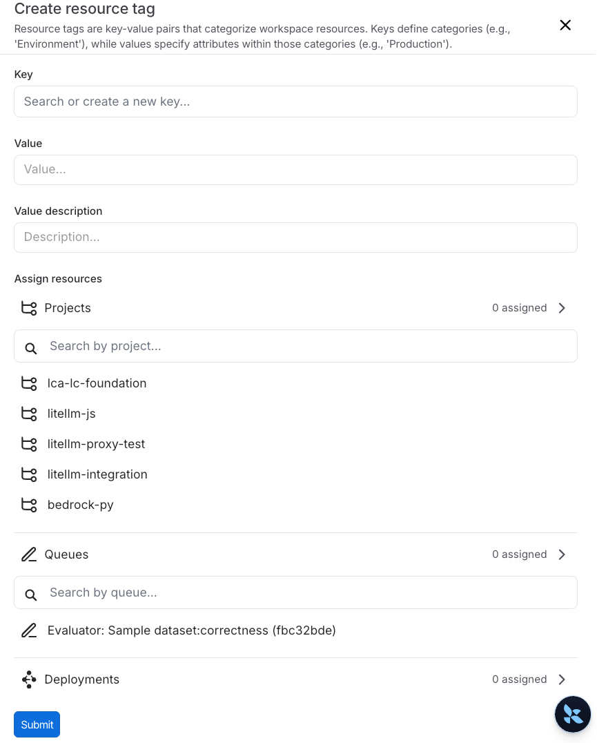 Create resource tag modal accessed from the Settings menu in the LangSmith UI.