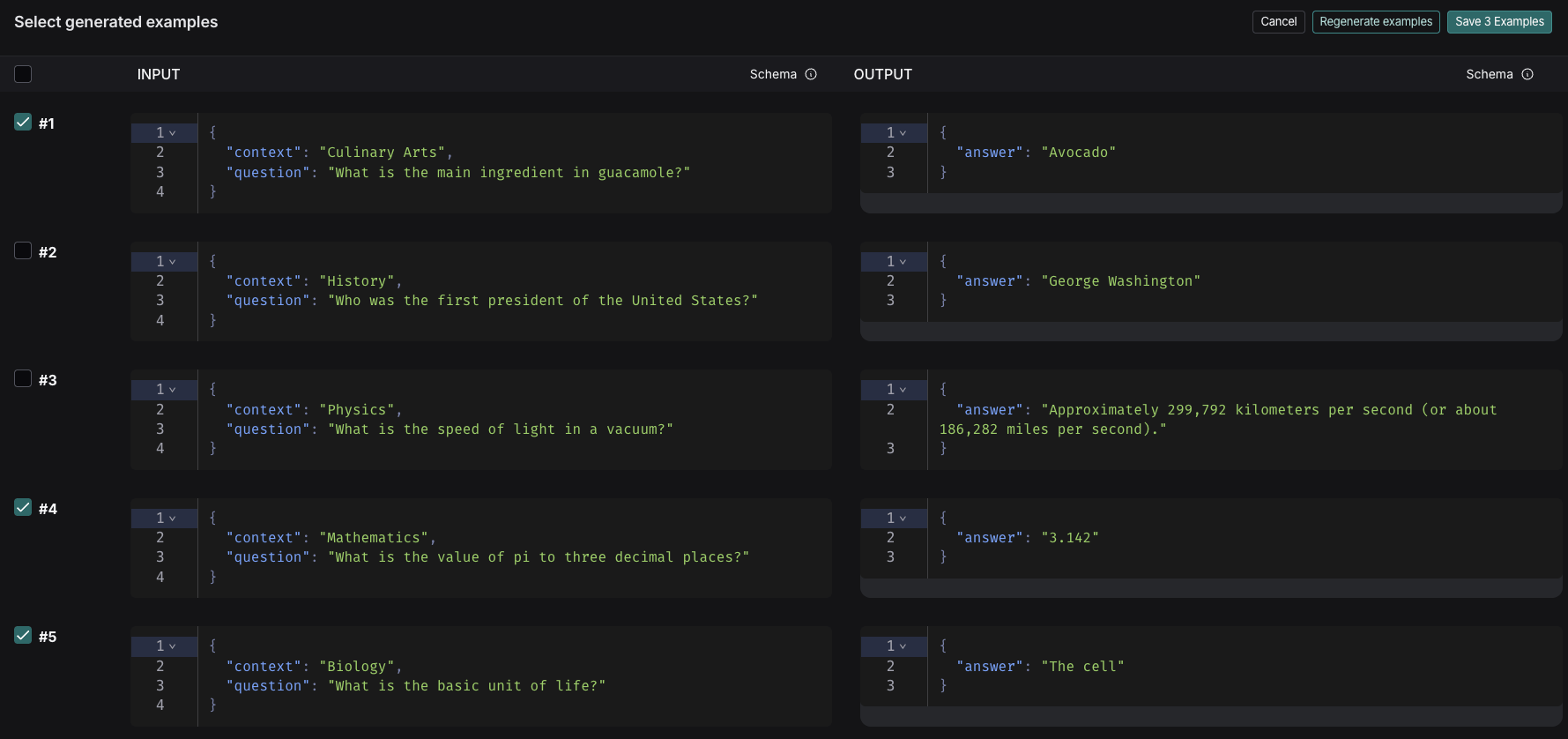 Select generated examples page with generated examples selected and Save examples button.