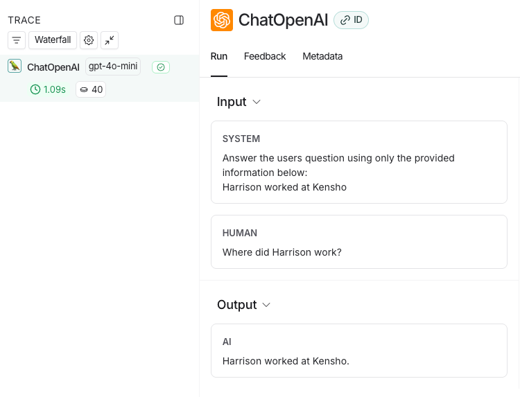 LangSmith UI showing an LLM call trace called ChatOpenAI with a system and human input followed by an AI Output.