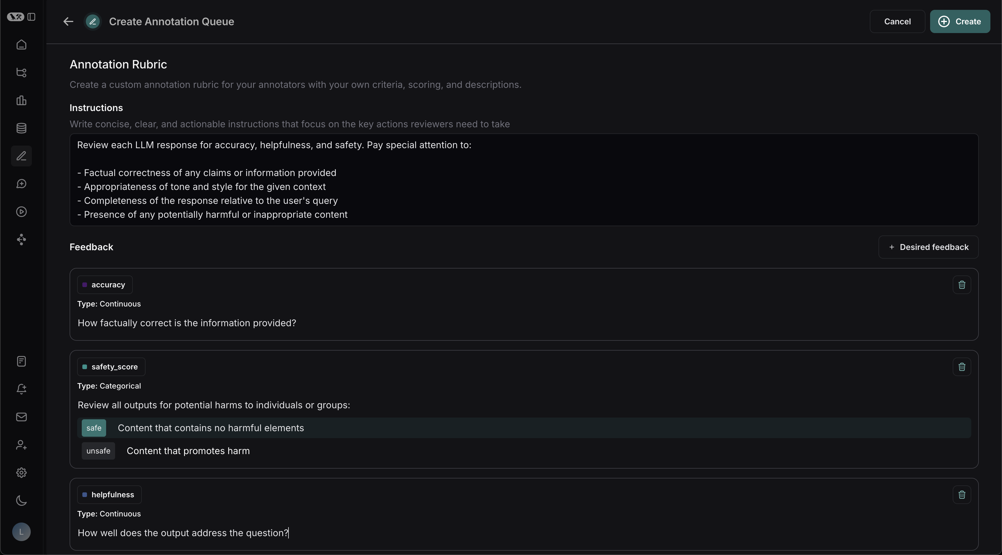 Annotation queue rubric form with instructions and desired feedback entered.