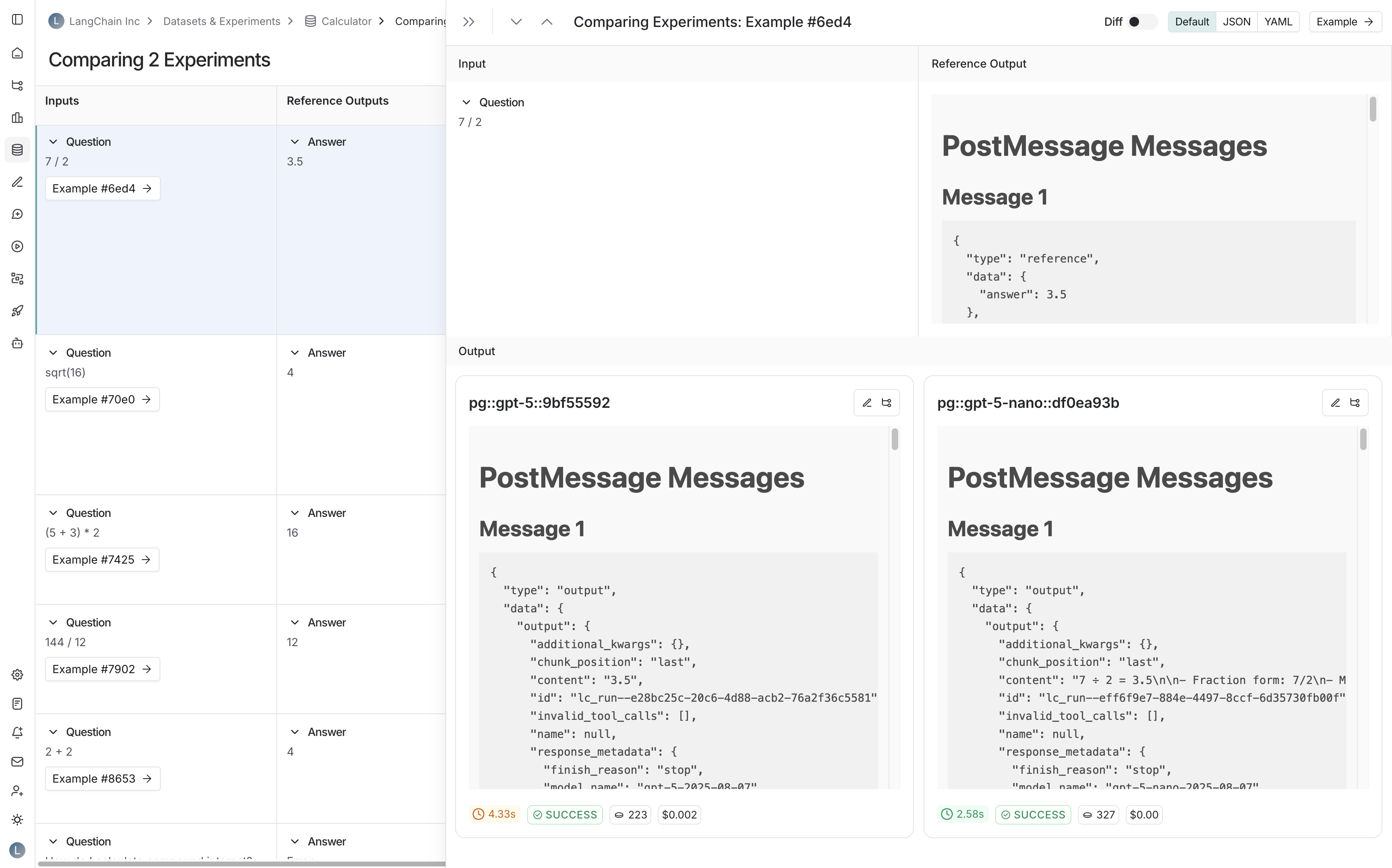 Experiment comparison view showing custom rendering