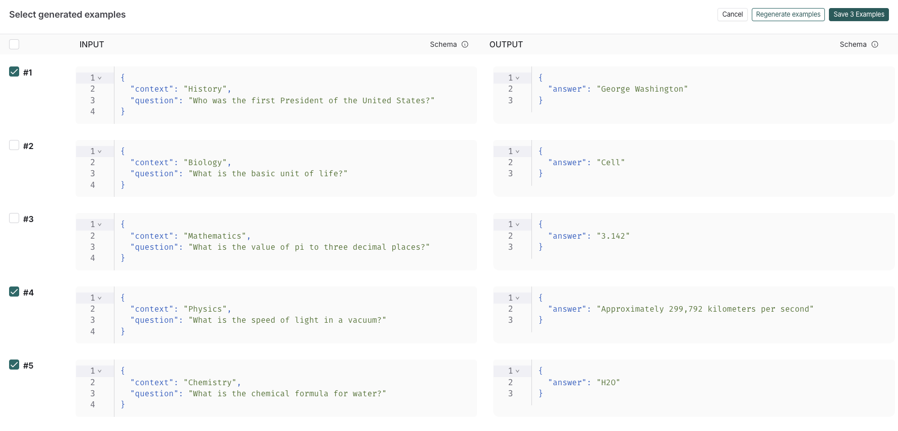 Select generated examples page with generated examples selected and Save examples button.
