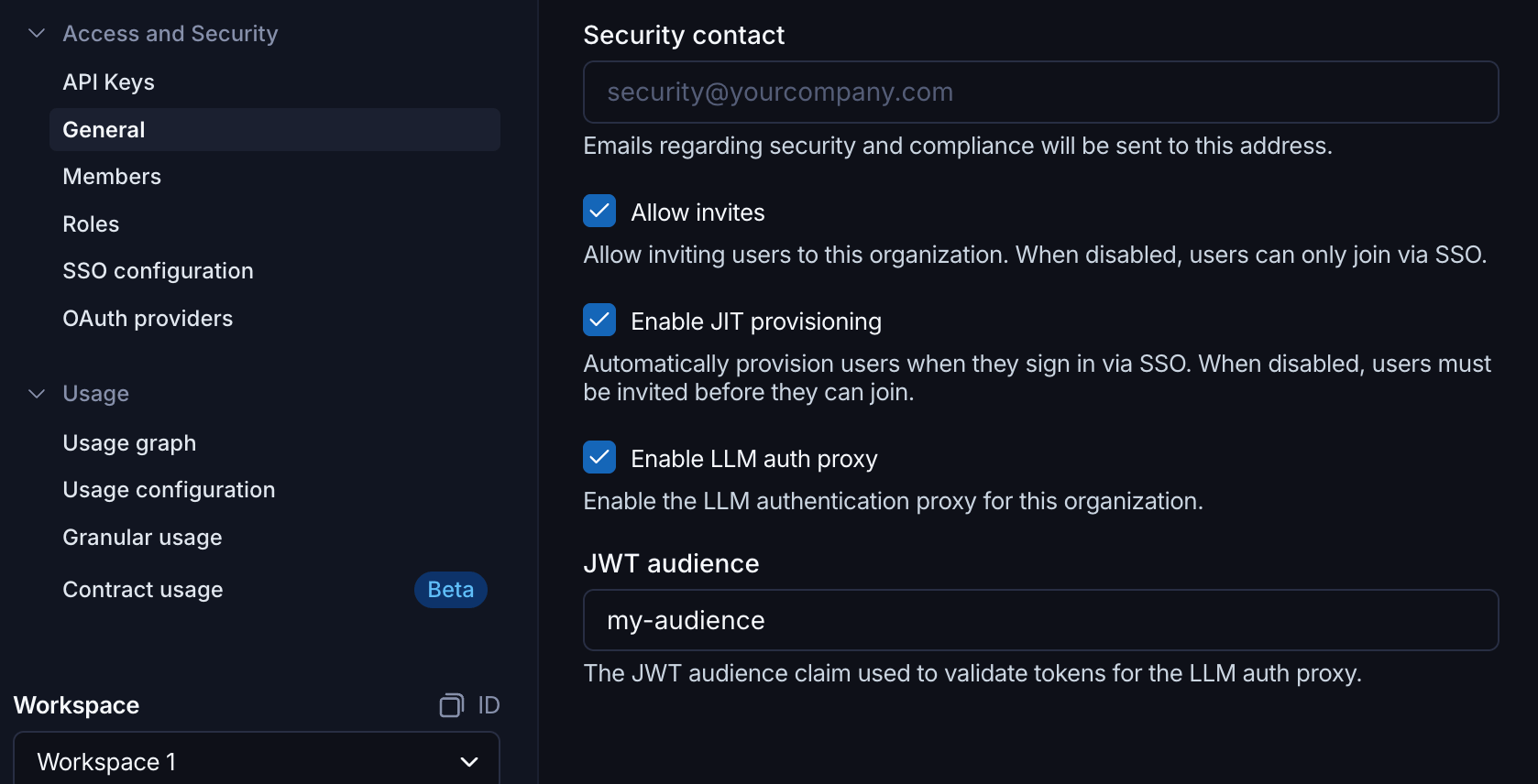 Organization Settings page in LangSmith showing the Enable LLM auth proxy checkbox and JWT audience field.