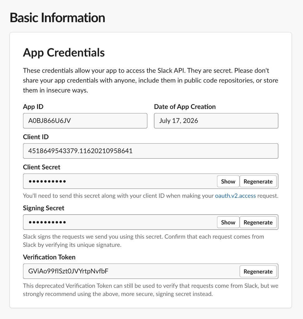 Slack App Credentials section showing App ID, Client ID, masked Client Secret, and masked Signing Secret