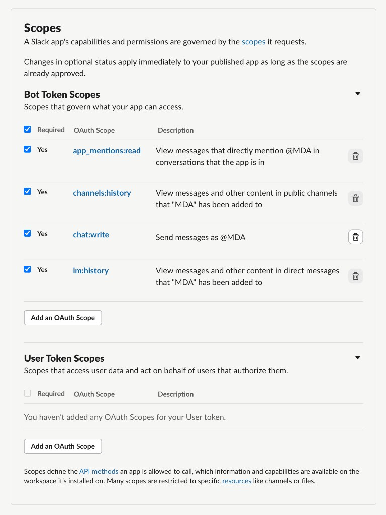 Slack Bot Token Scopes listing app_mentions:read, channels:history, chat:write, and im:history