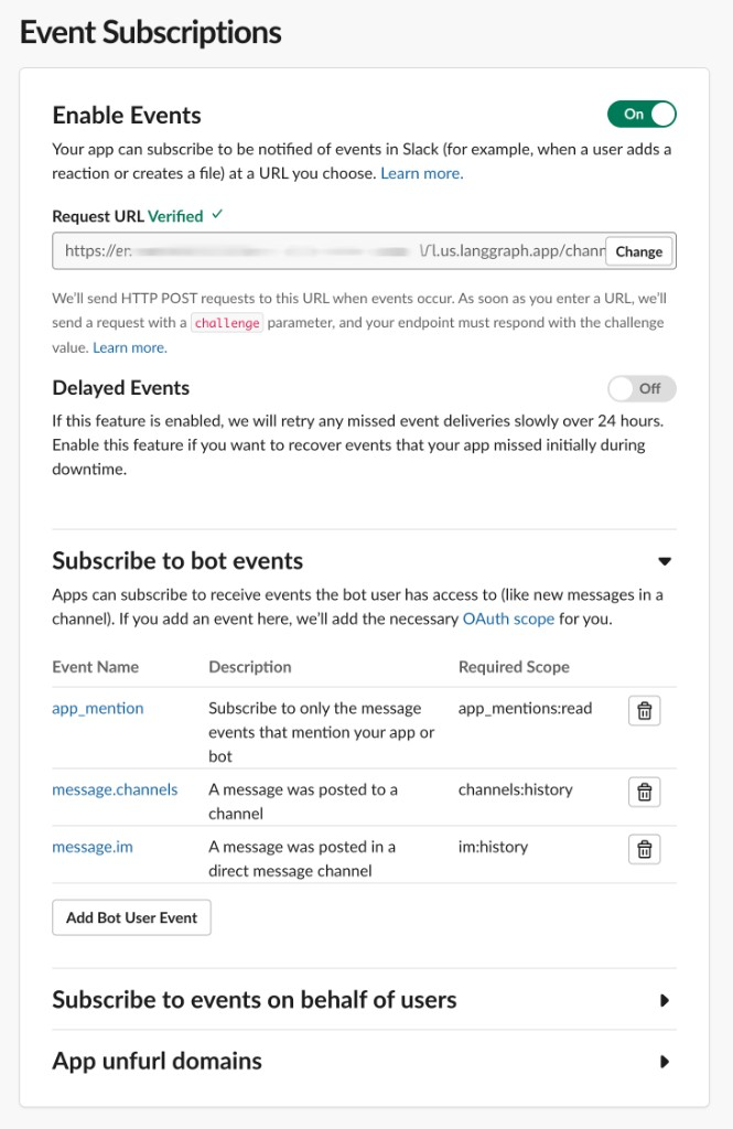 Slack Event Subscriptions page showing Enable Events on, a verified Request URL ending in /channels/slack/events, and bot events app_mention, message.channels, and message.im