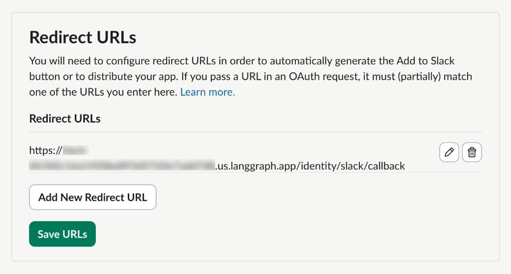 Slack Redirect URLs showing https://…/identity/slack/callback saved for Connect-with-Slack OAuth