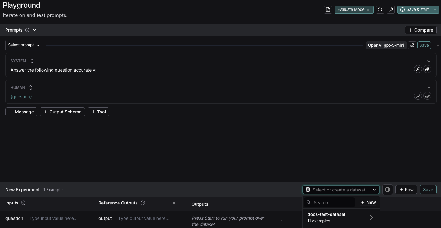 Playground with the edited system prompt and new experiment with the dropdown for creating a new dataset.