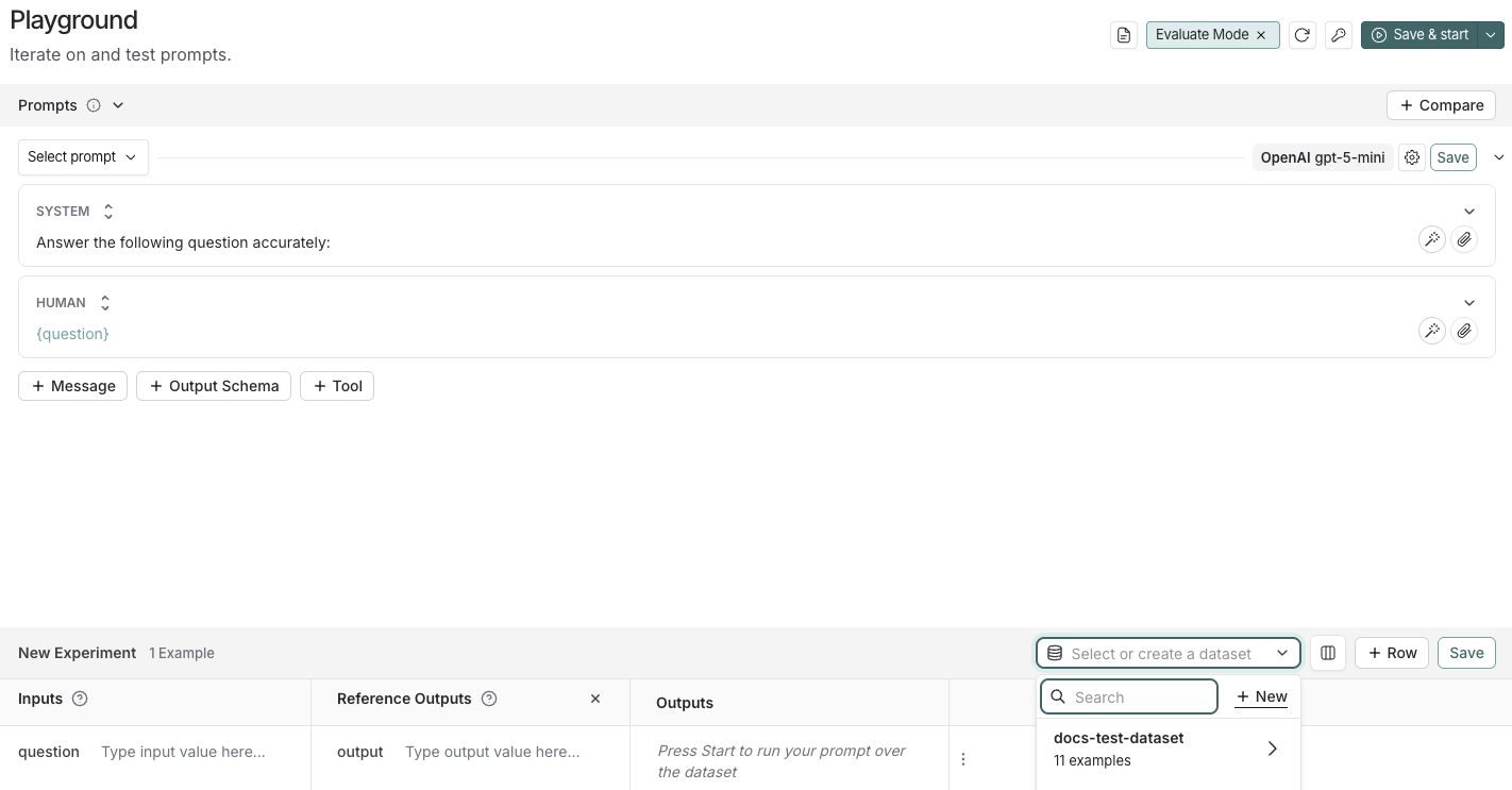 Playground with the edited system prompt and new experiment with the dropdown for creating a new dataset.