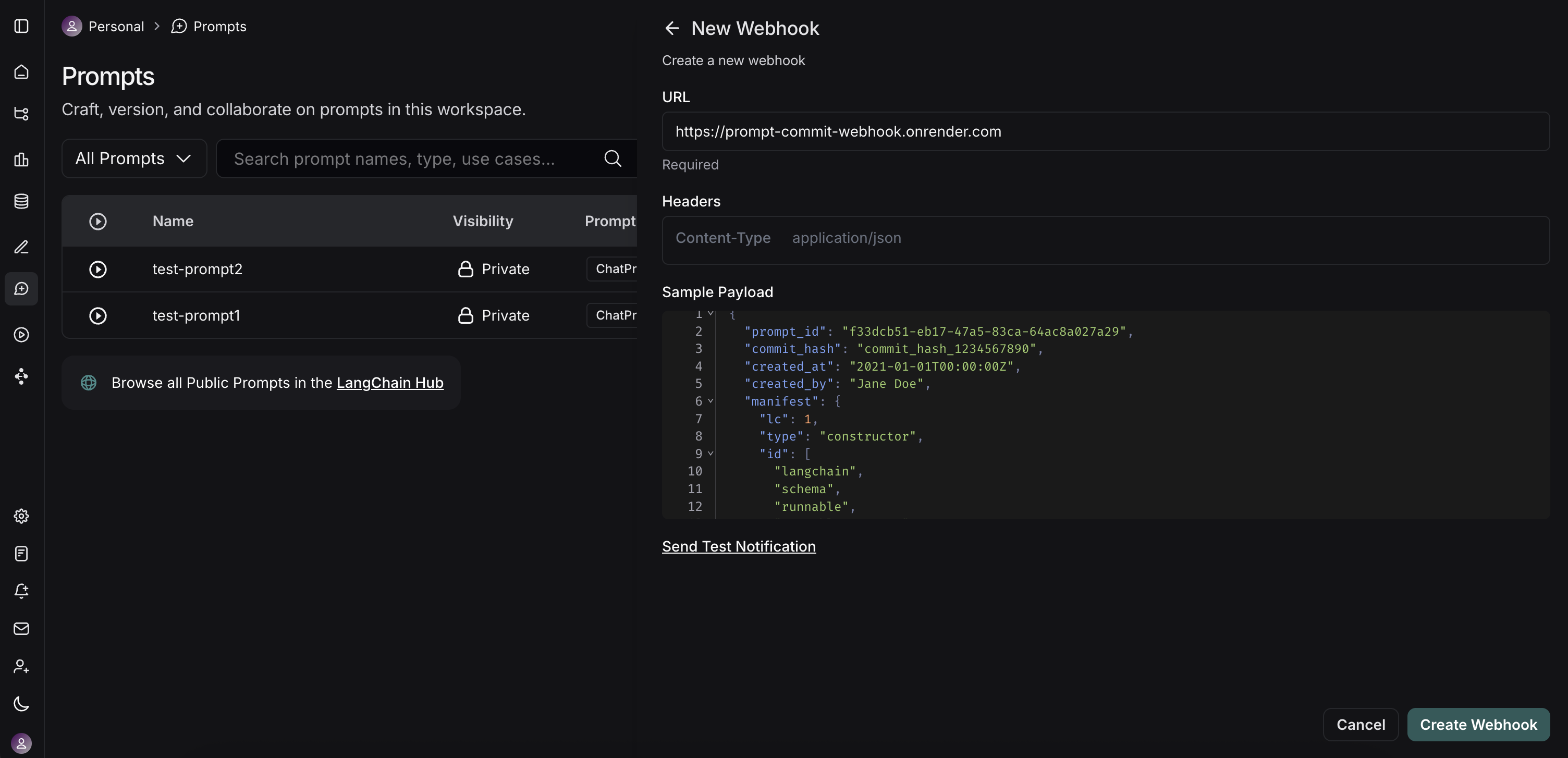 LangSmith Webhook configuration modal