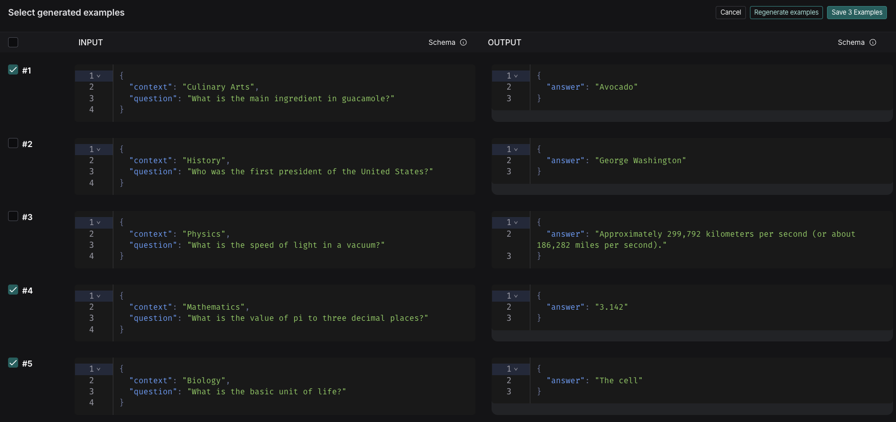 Select generated examples page with generated examples selected and Save examples button.