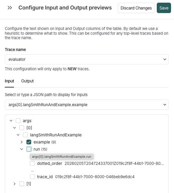 Configure Input and Output previews side panel showing the tree view of trace data structure