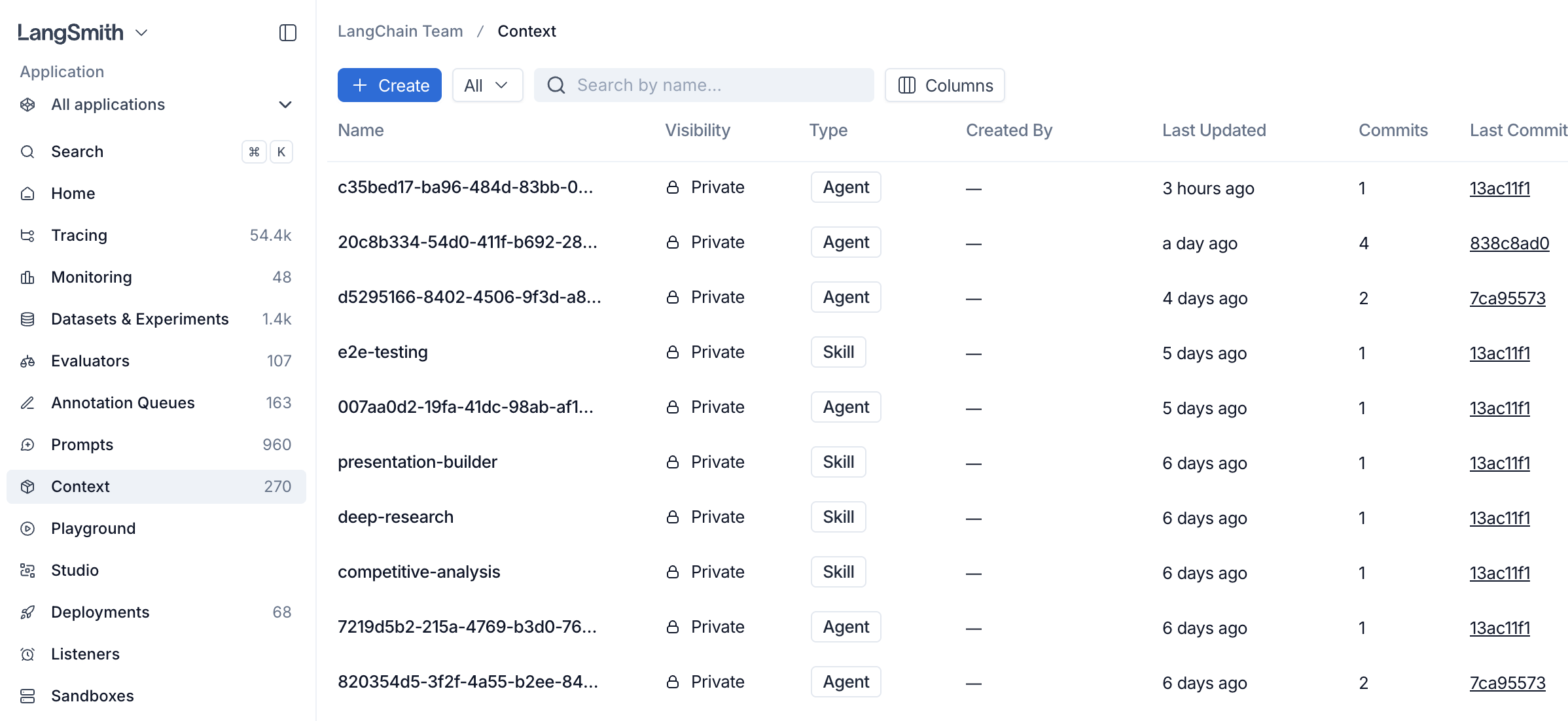 The Context Hub home view listing existing Agent and Skill contexts with their commit metadata.