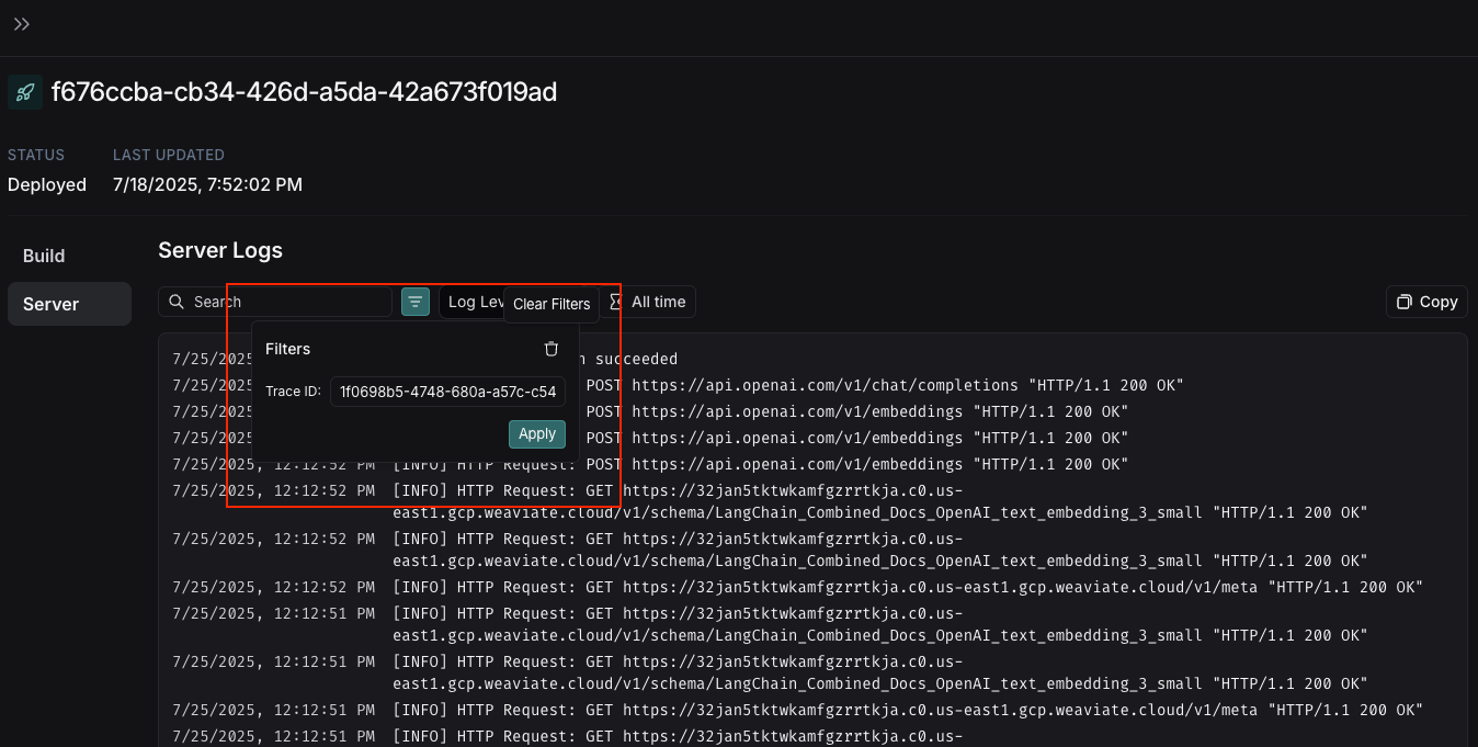 Deployment server logs filters