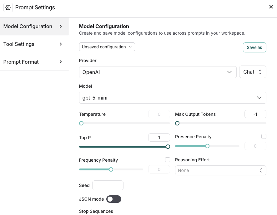 Model Configuration window in the LangSmith UI, settings for Provider, Model, Temperature, Max Output Tokens, Top P, Presence Penalty, Frequency Penalty, Reasoning Effort, etc.