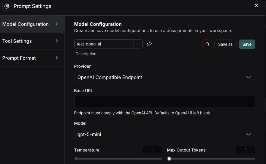 Model Configuration window in the LangSmith UI with a model selected and the Provider dropdown with OpenAI Compatible Endpoint selected.
