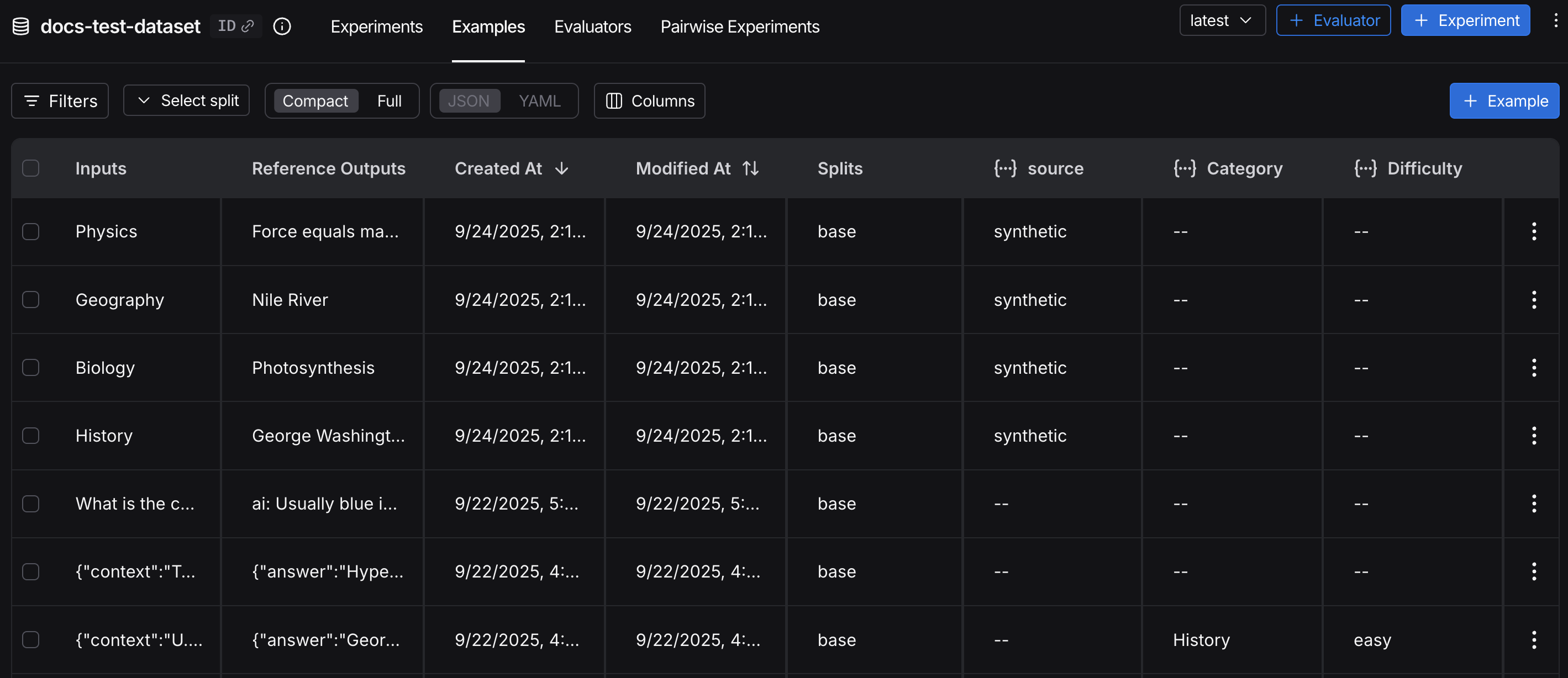 List of datasets on the Examples tab in the LangSmith UI.