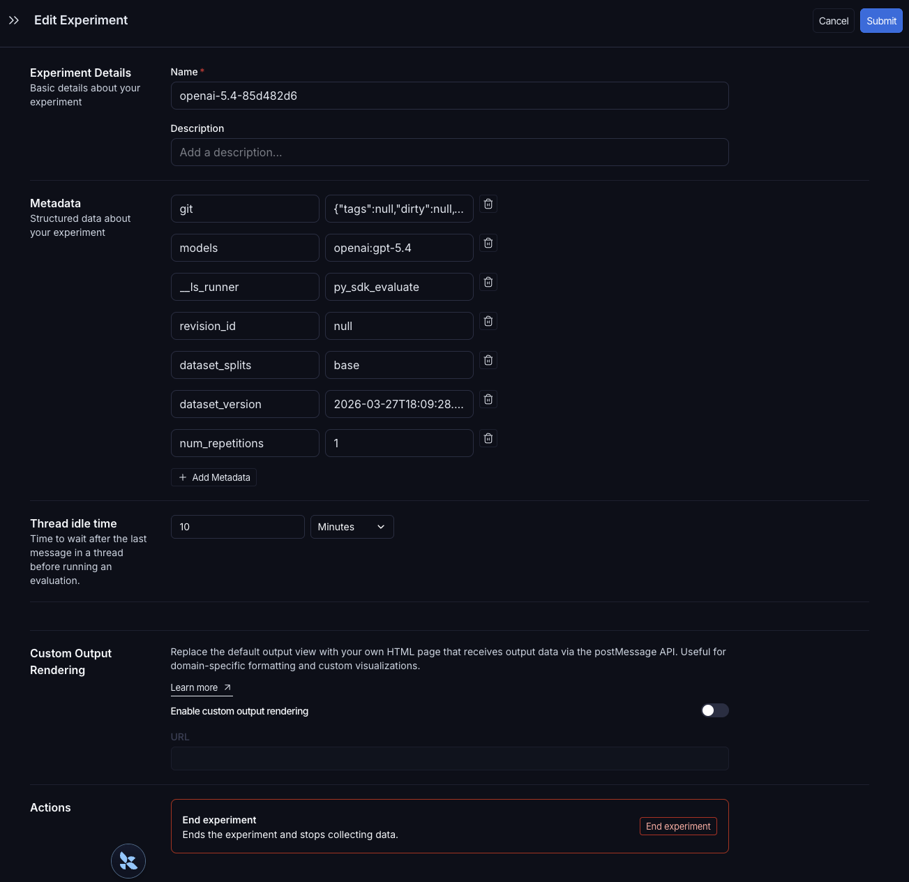 Edit Experiment panel showing metadata key-value pairs and the Add Metadata button.