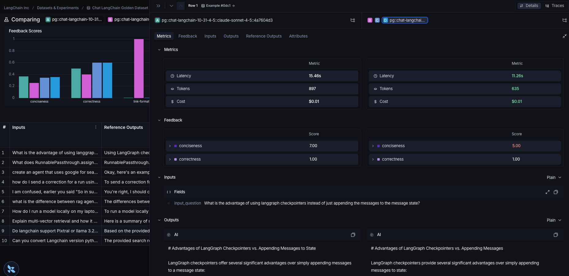 An example in the expanded Comparing Experiments view, in dark mode.