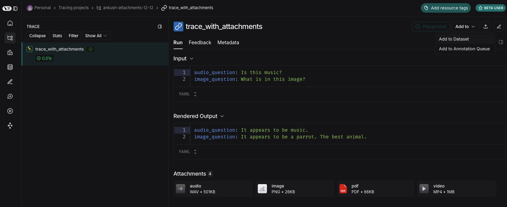Add trace with attachments to dataset