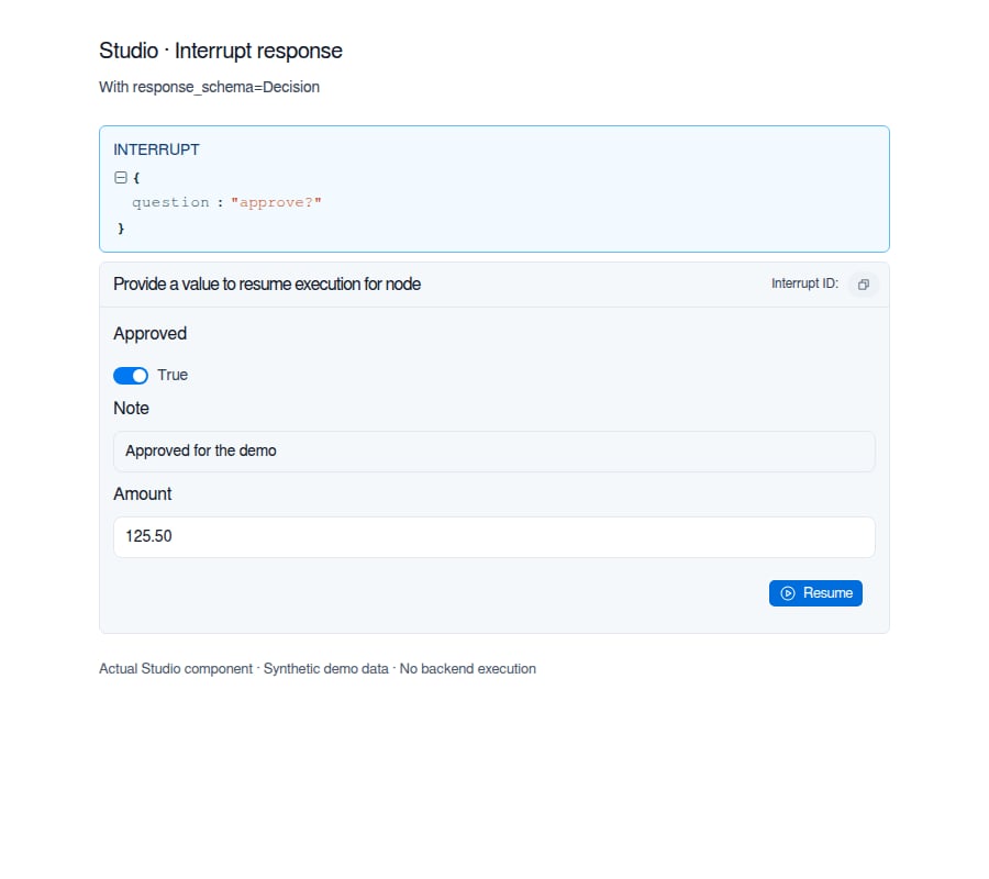 Studio interrupt form with an approval toggle, a note field, and a numeric amount set to 125.50