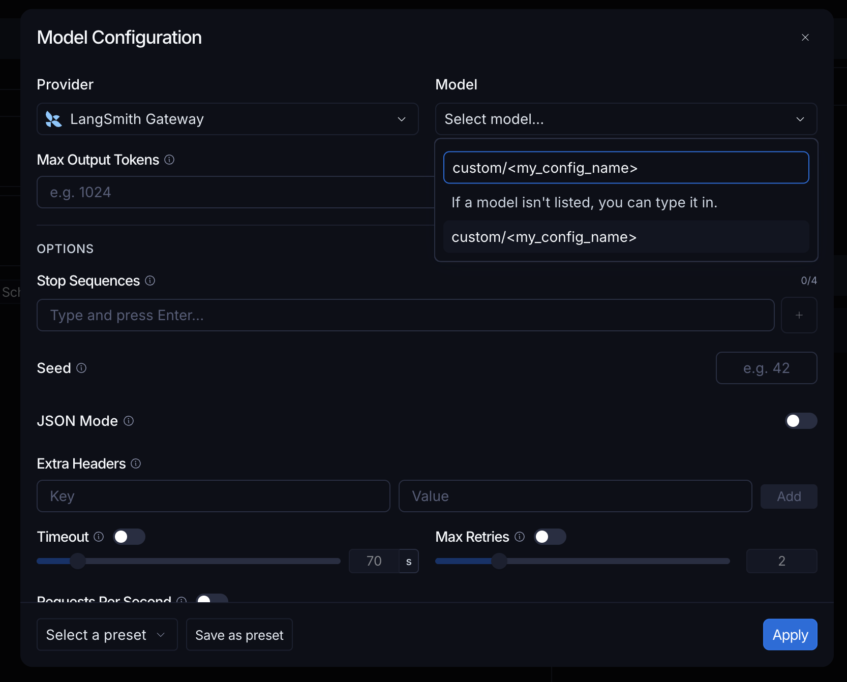 Model Configuration dialog with LangSmith Gateway selected as the provider and custom/<my_config_name> entered in the Model field.