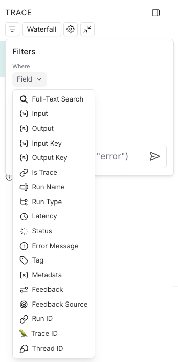 LangSmith trace view showing filter options with 'Filtered Only', 'Show All', and 'Most relevant' view modes